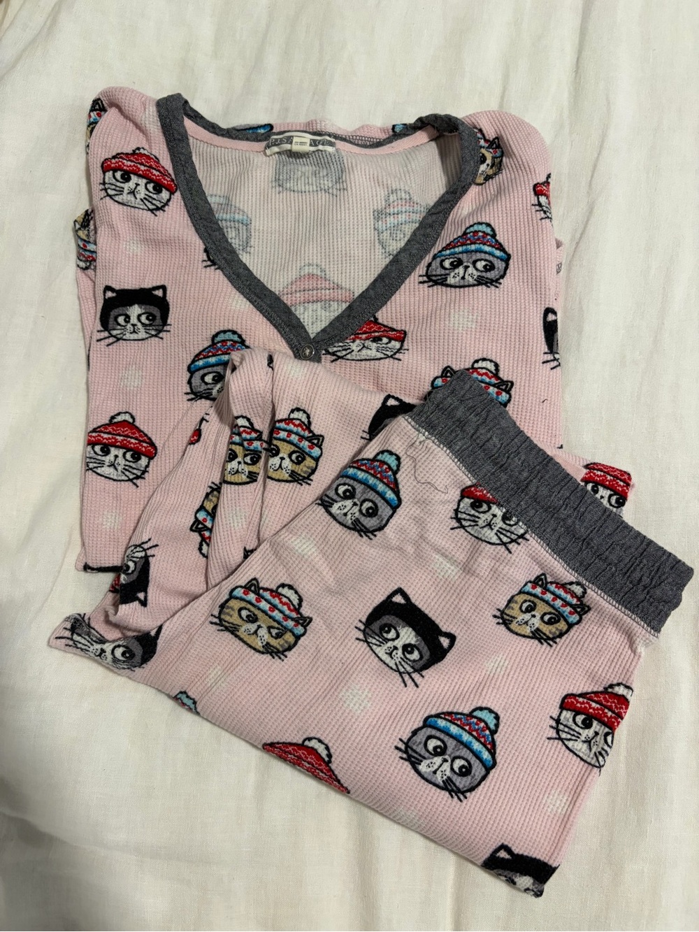 Womens Pink Cat Print Pajama Set with Gray Trim